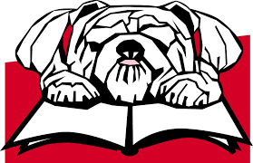 bulldog reading a  book