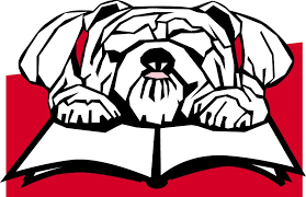 bulldog reading a book